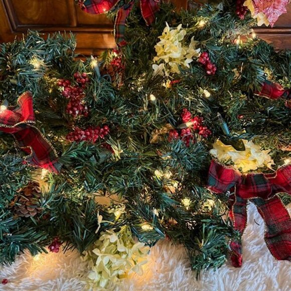 2pc 20" Red Tartan Plaid Bow White Flower Wreath Matching 18ft Pinecone Garland - Picture 7 of 14